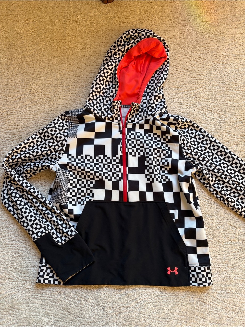 Under Armour Black & White Pixelated Hoodie with orange Lining